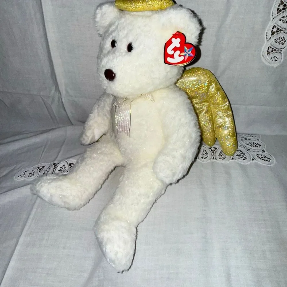 Ty Beanie Buddy Halo II Angel Bear 2000 White Gold Wings Iridescent Sparkle MWMT